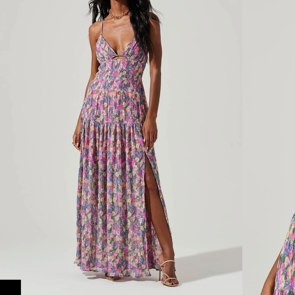 Floral Smocked Maxi Dress with Side Slit - Pink Multi